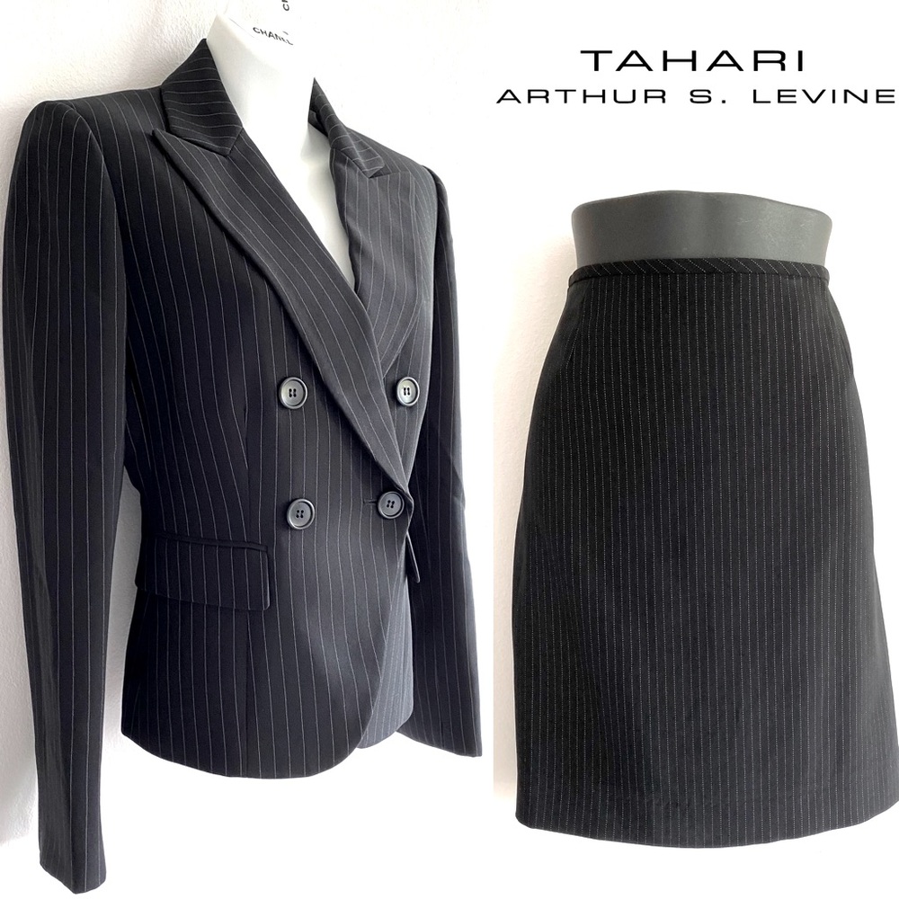 TAHARI ASL Pinstripe Mini Skirt & Structured Blazer BellelizPosh Mark Black Suit